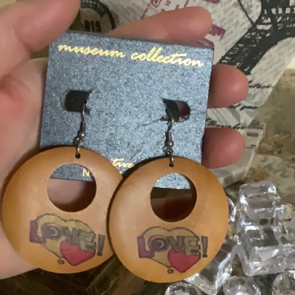 Wood Carved  Love Heart Dangle Earrings - Picture 5 of 5